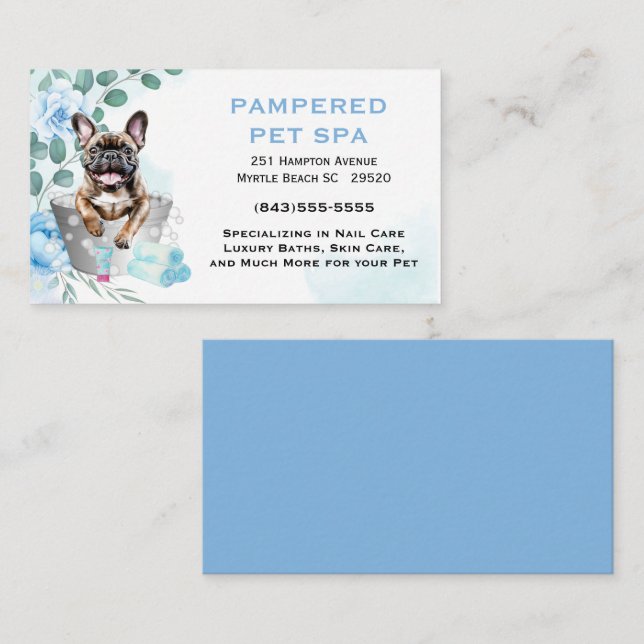 Cute Blommigt Blue Pet Groomer Spa Visitkort (Fram/baksida)