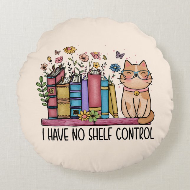 Cute Blommigt Bokar och katt Rund Kudde (Framsidan)