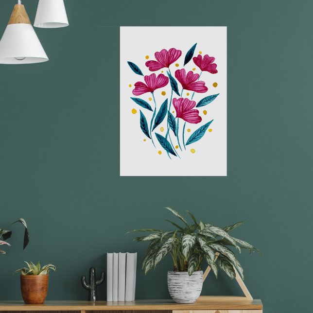 Cute blommigt bouquet - magenta och teal poster (Vardagsrum 1)