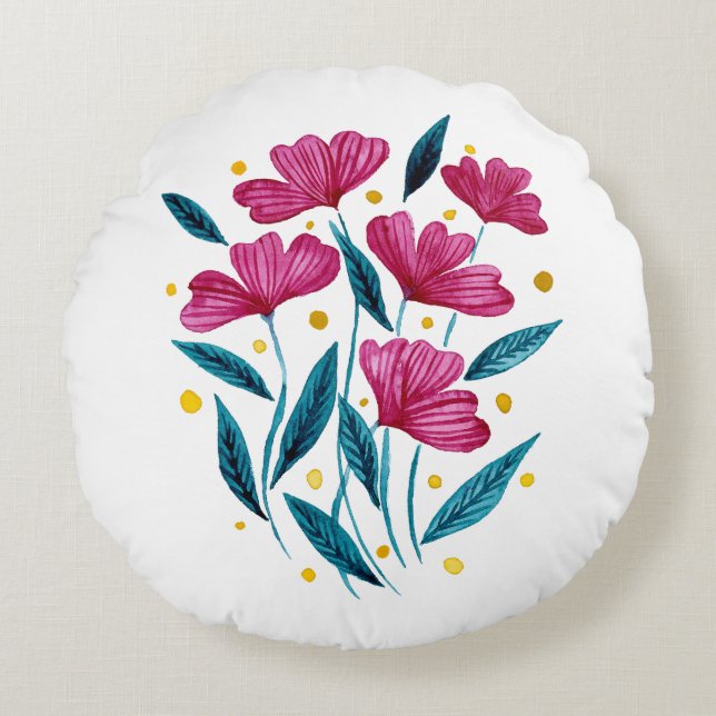 Cute blommigt bouquet - magenta och teal rund kudde (Framsidan)