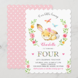 Cute Blommigt Bunny Girl 4:e fjärde Födelsedagsfes Inbjudningar