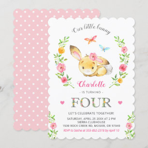 Cute Blommigt Bunny Girl 4:e fjärde Födelsedagsfes Inbjudningar