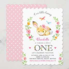 Cute Blommigt Bunny Girl Första Födelsedagsfesten Inbjudningar