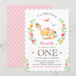 Cute Blommigt Bunny Girl Första Födelsedagsfesten Inbjudningar