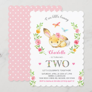 Cute Blommigt Bunny Girls 2:a Födelsedagsfesten Inbjudningar