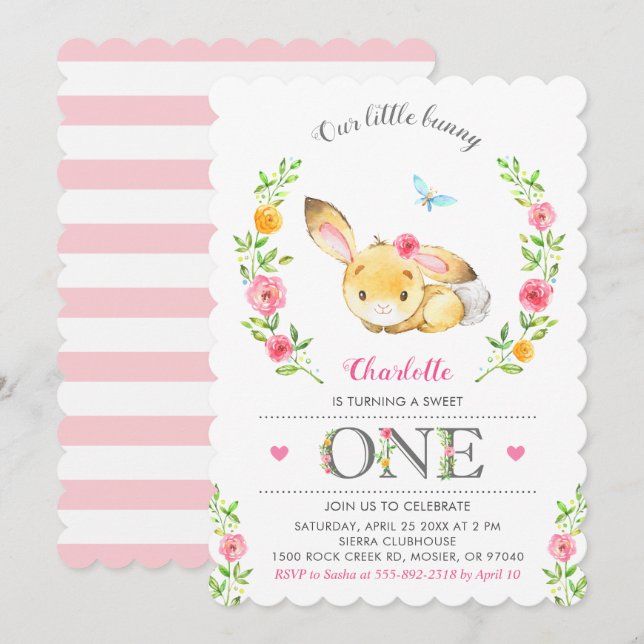 Cute Blommigt Bunny Girls första Födelsedagsfesten Inbjudningar (Fram/baksida)