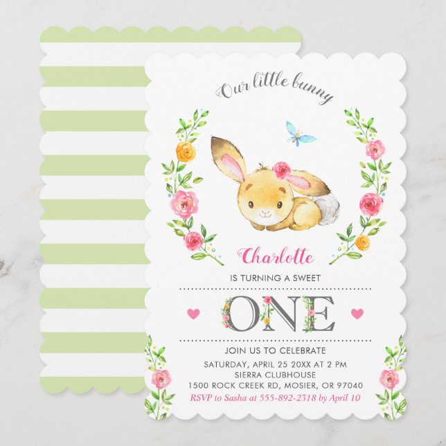 Cute Blommigt Bunny Girls första Födelsedagsfesten Inbjudningar (Fram/baksida)