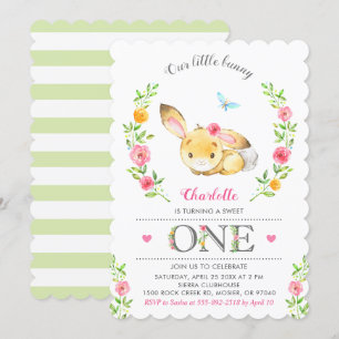 Cute Blommigt Bunny Girls första Födelsedagsfesten Inbjudningar
