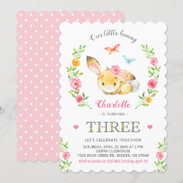 Cute Blommigt Bunny Girls Tredje Födelsedagsfesten Inbjudningar
