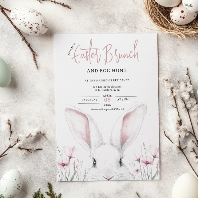 Cute Blommigt Bunny Påsk Brunch och Egg Hunt Inbjudningar (Cute Floral Bunny Easter Brunch and Egg Hunt Invitation)
