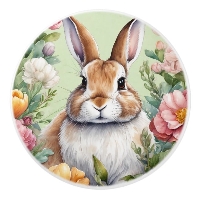 Cute Blommigt Bunny Rabbit Ceramic Door Knob Knopp (Framsidan)