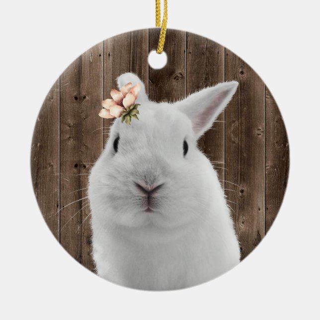 Cute Blommigt Bunny White Rabbit Barn Wood Julgransprydnad Keramik (Framsidan)