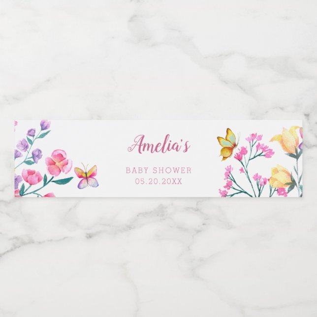 Cute Blommigt Butterfly Garden Baby Shower Vattenflaskor Etikett (Singel etikett)