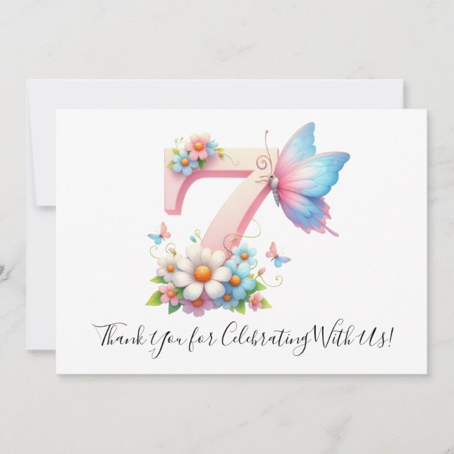 Cute Blommigt Butterfly Sjunde födelsedag Tack (Framsida)