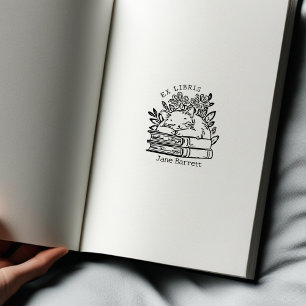 Cute Blommigt Cat Bookplate Stämpel