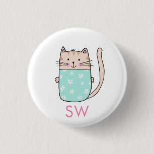 Cute Blommigt Cat Initialer Monogram Knapp