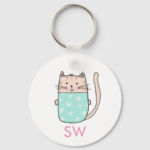 Cute Blommigt Cat Initialer Monogram Nyckelring