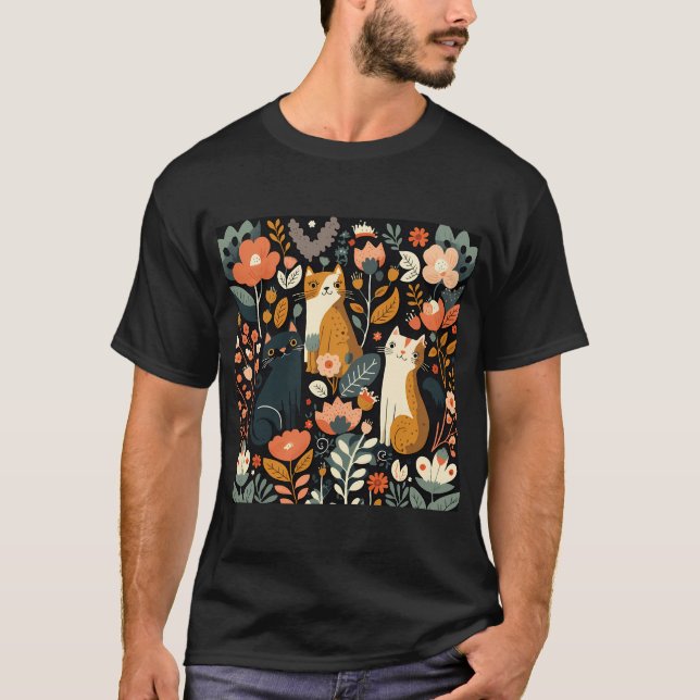 Cute Blommigt Cat Mönster T Shirt (Framsida)