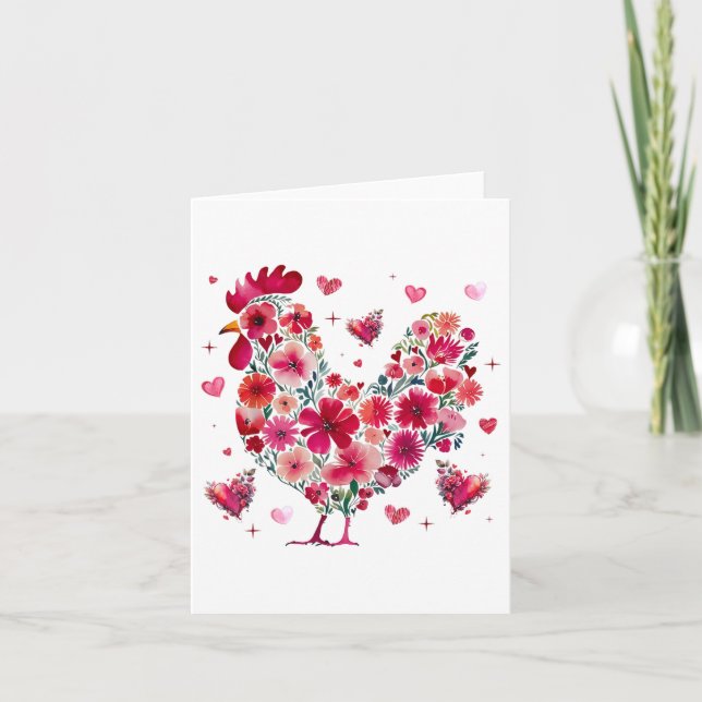 Cute Blommigt Chicken Älskare Hearts Valentines da Kort (Framsida)