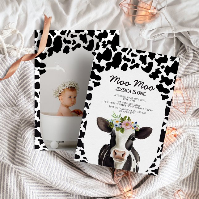 Cute Blommigt Cow Modern Foto Party på födelsedage Inbjudningar (Skapare uppladdad)