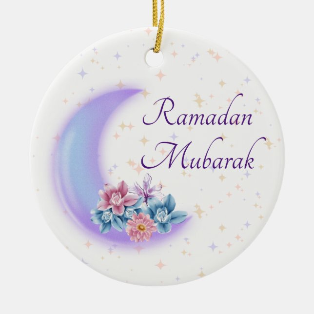 Cute Blommigt Crescent Islamic Ramadan Mubarak Julgransprydnad Keramik (Framsidan)