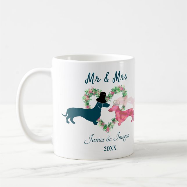 Cute Blommigt Dachshund Hundar Bride and Groom  Kaffemugg (Vänster)