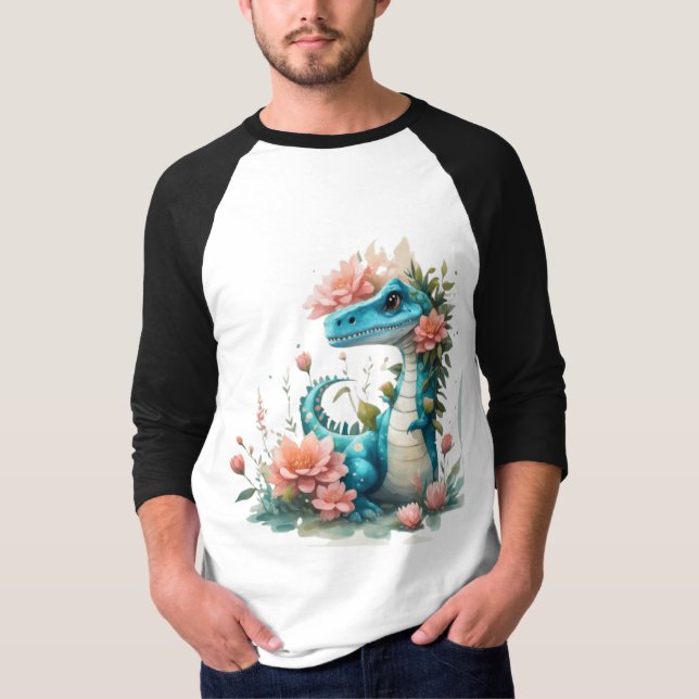 Cute Blommigt dinosaur T Shirt (Framsida)