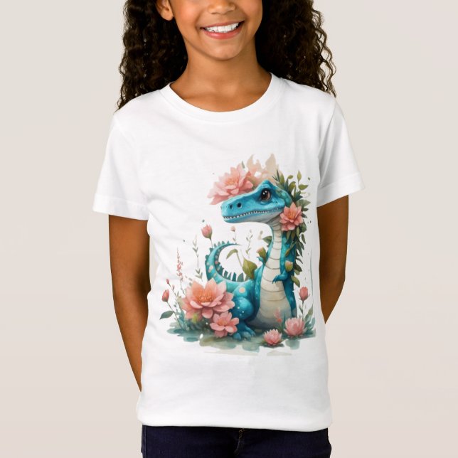 Cute Blommigt dinosaur T Shirt (Framsida)