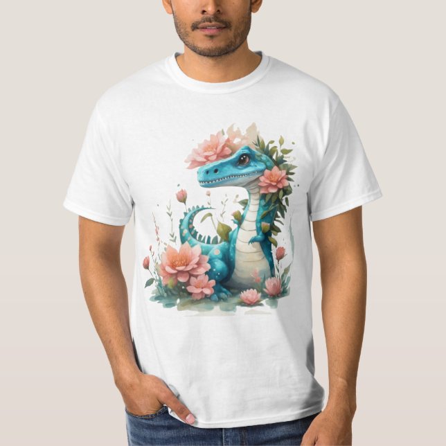 Cute Blommigt dinosaur T Shirt (Framsida)