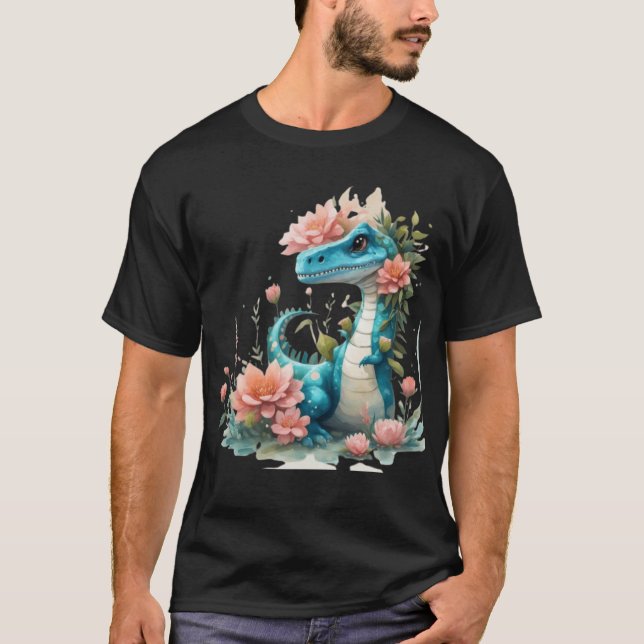 Cute Blommigt dinosaur T Shirt (Framsida)