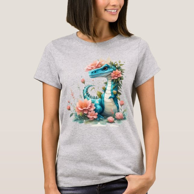 Cute Blommigt dinosaur T Shirt (Framsida)