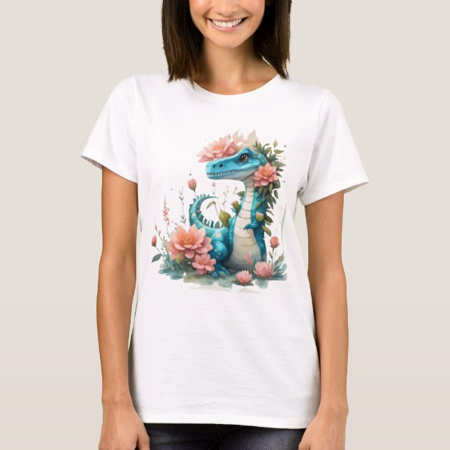 Cute Blommigt dinosaur T Shirt (Framsida)