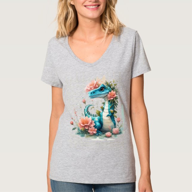 Cute Blommigt dinosaur T Shirt (Framsida)