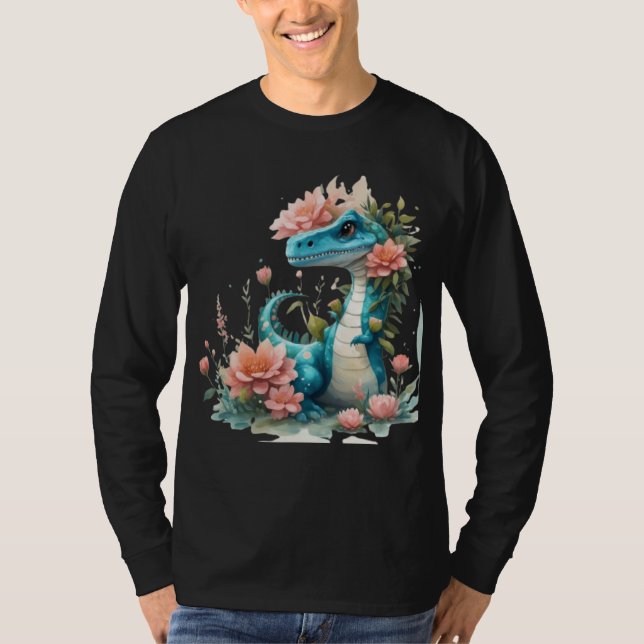 Cute Blommigt dinosaur T Shirt (Framsida)