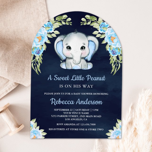 Cute Blommigt Elephant Arch Navy Blue Baby Shower Inbjudningar (Skapare uppladdad)