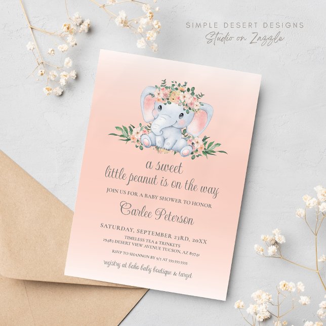 Cute Blommigt Elephant Flicka Baby Shower Inbjudningar (Blush Pink Floral Cute Elephant Baby Shower Invitation)