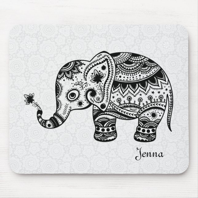 Cute Blommigt Elephant in Black Musmatta (Framsidan)