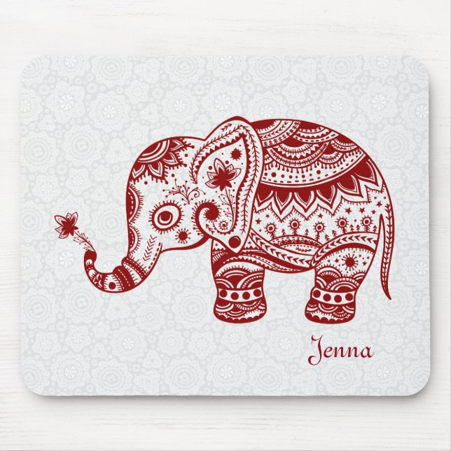 Cute Blommigt Elephant in Burgundy Red Musmatta (Framsidan)