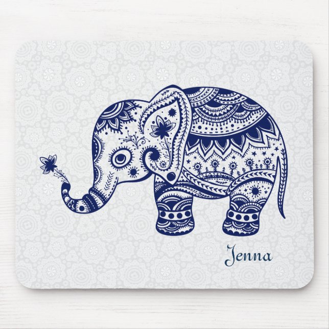 Cute Blommigt Elephant in Navy Blue Musmatta (Framsidan)