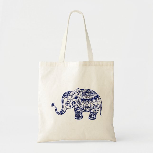 Cute Blommigt Elephant in Navy Blue Tygkasse (Framsidan)
