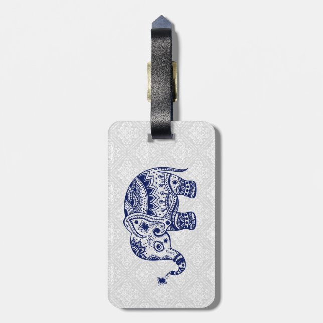 Cute Blommigt Elephant in Navy Blue & White Bagagebricka (Baksidan Lodrät)