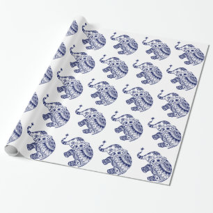 Cute Blommigt Elephant in White and Navy Blue Presentpapper
