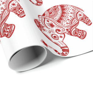 Cute Blommigt Elephant in White Burgundy Red Presentpapper