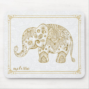 Cute Blommigt Elephant & Ram Guld Glitter på vit Musmatta