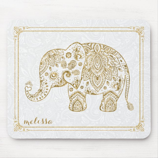 Cute Blommigt Elephant & Ram Guld Glitter på vit  Musmatta (Framsidan)
