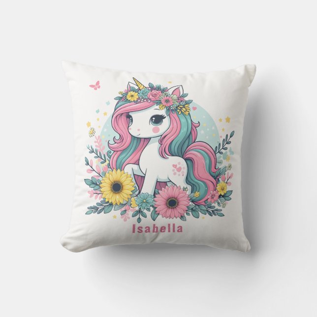 Cute Blommigt Fantasy Unicorn Girl's Enchanted Wor Kudde (Framsida)
