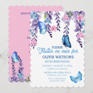 Cute Blommigt fluter över Butterflies Birthday Inbjudningar