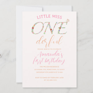Cute Blommigt Första födelsedag, lilla miss One De Inbjudningar
