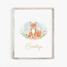 Cute Blommigt Fox Animaliska muskelkonst i Namn Poster