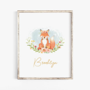 Cute Blommigt Fox Animaliska muskelkonst i Namn Poster